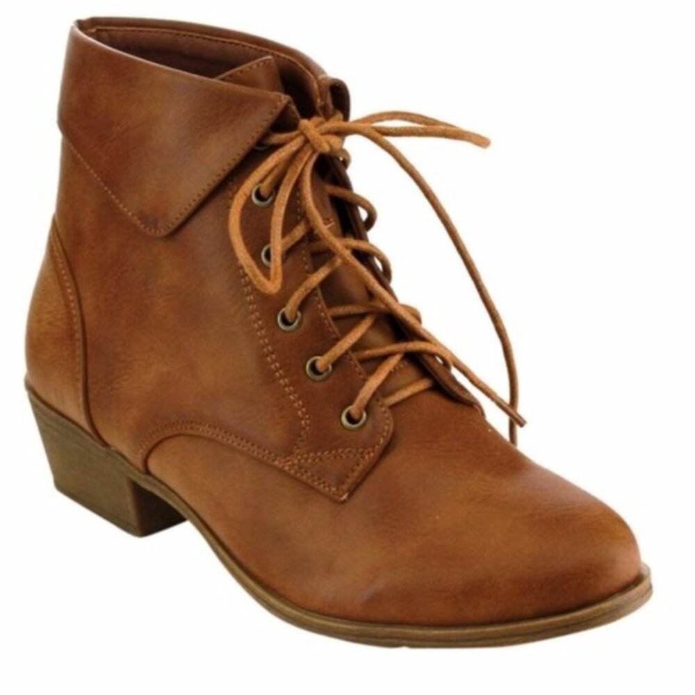Top Moda Women's Foldover Lace Up Ankle Boots Low Block Heel Booties Derby Shoes